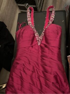 Women's Fuchsia Beaded V-Neck Y2K Prom Dress